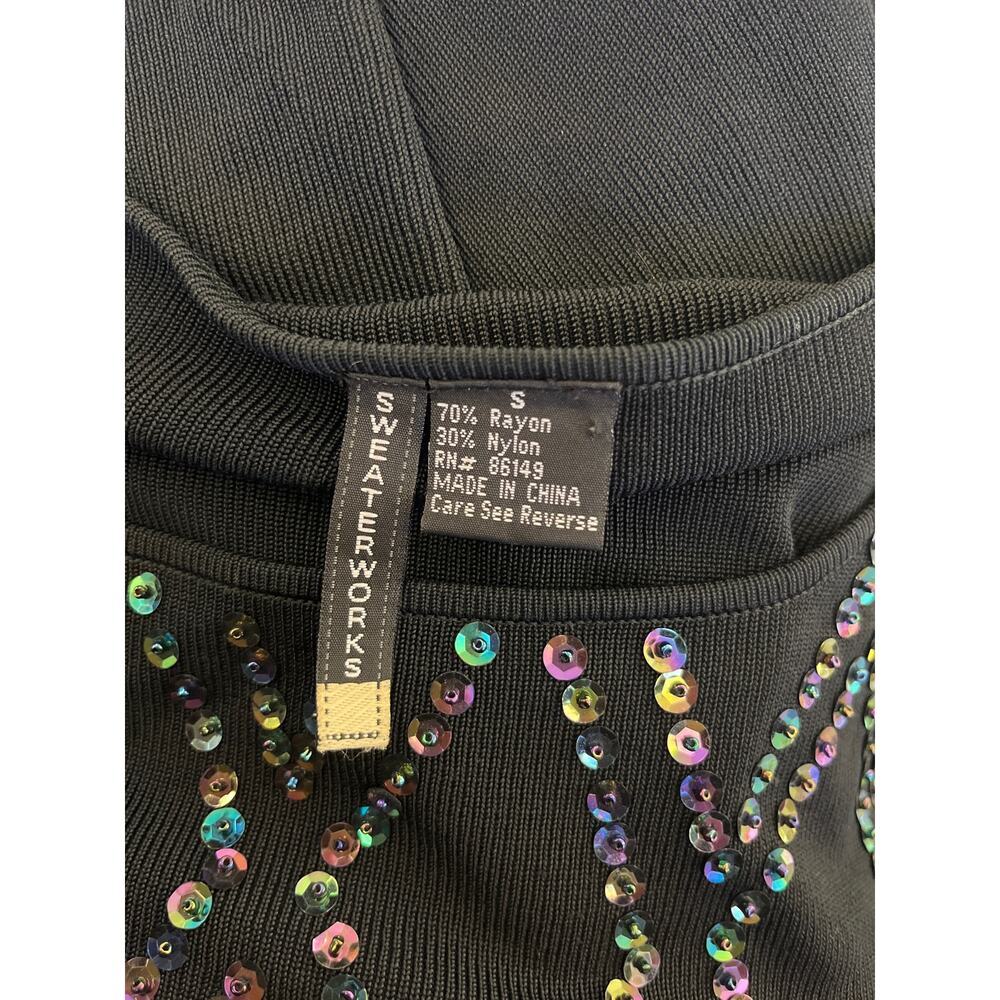 Vintage 90s Y2K Beaded Sequin LS Black Top - Picture 5 of 5